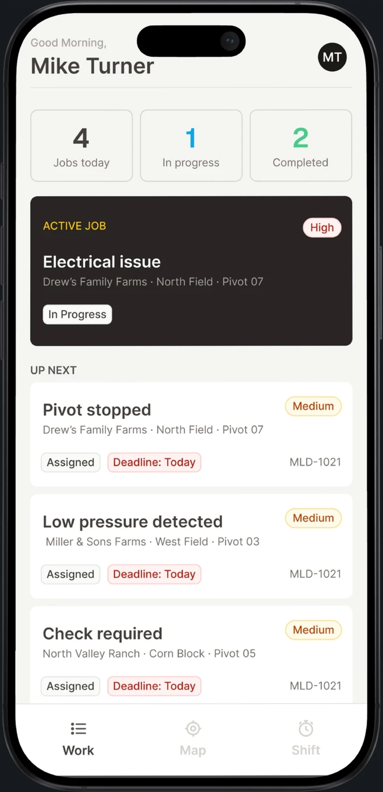 Technician app: job list, active job, travel and completion